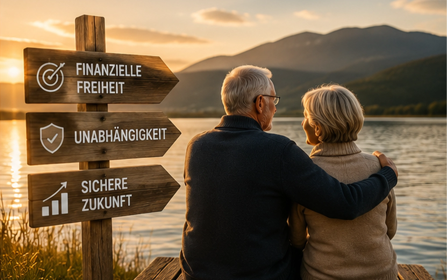 Älteres Ehepaar sitzt enstannt an einem See weil sie sich um ihre Altersvorsorge gekümmert haben